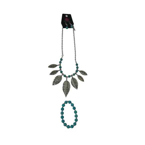 Paparazzi Bohemian Turquoise Jewelry Neckless and Earrings & Bracelet Silver Cha - Picture 1 of 4